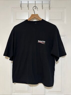 Balenciaga Black T-Shirt with White and Red Chest Logo